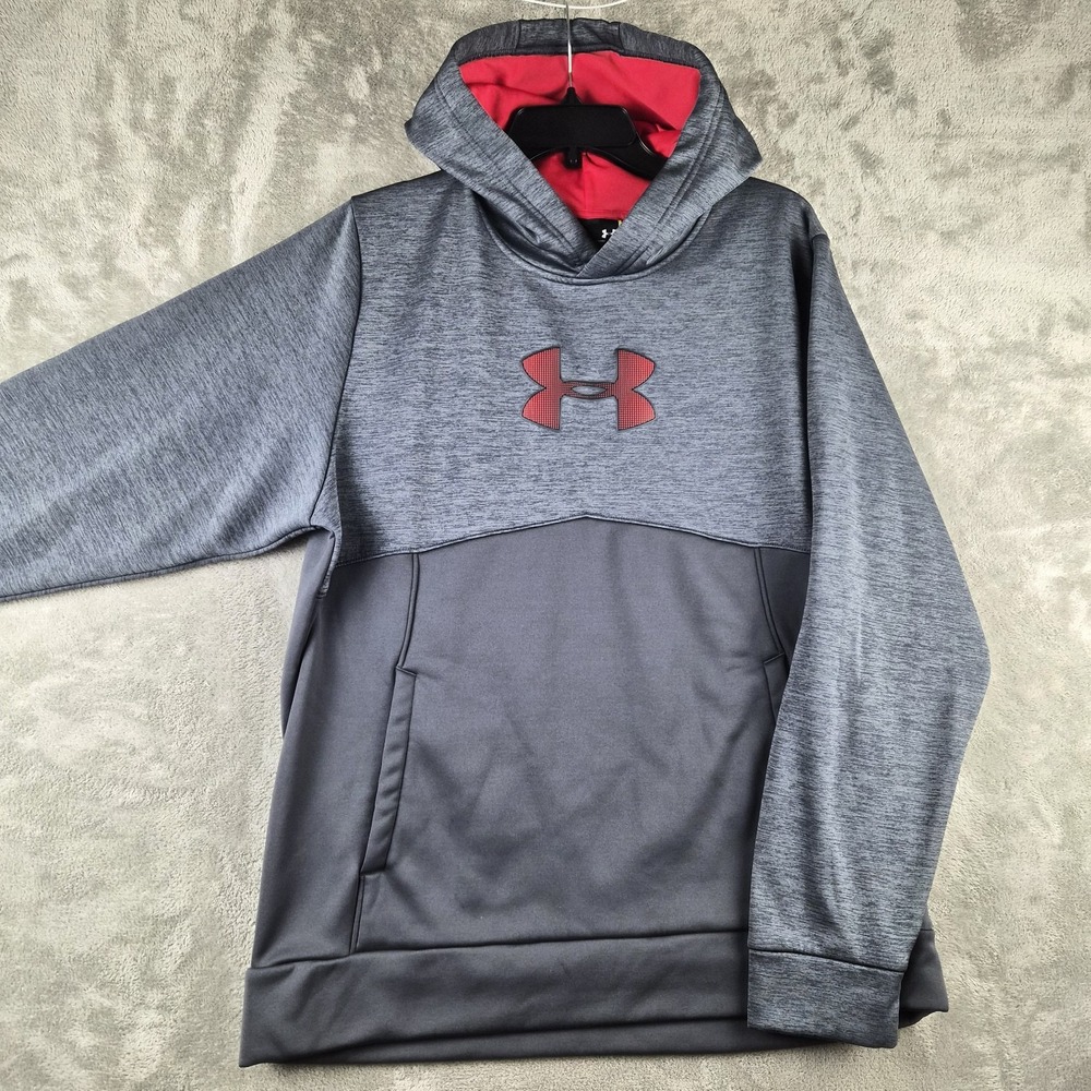 Under Armour Cold Storm Gear Hoodie Mens Large Grey Red Loose Fit Pullover